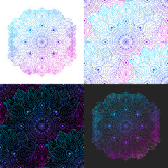 Set of ethnic seamless patterns and floral mandala in a psychedelic dark and light palette, pink, purple and blue. Abstract designs and floral decorations, oriental, indian, asian motifs.