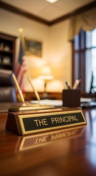 Prestigious Desk Nameplate for "The Principal" in a Professional Office Setting, Reflecting Authority and Educational Leadership