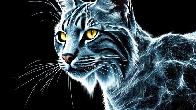Close-up digital art of a wildcat, stylized with glowing lines