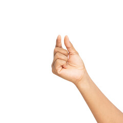 Hand holding card or something on isolated white background.