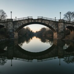 Fototapeta premium Stunning Reflection of a Historic Bridge Under a Clear Morning Sky by the River