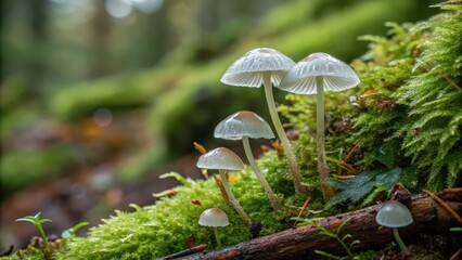 Fototapeta premium Close-up of delicate translucent mushrooms sprouting from a lush green moss bed in a damp, shaded forest environment.