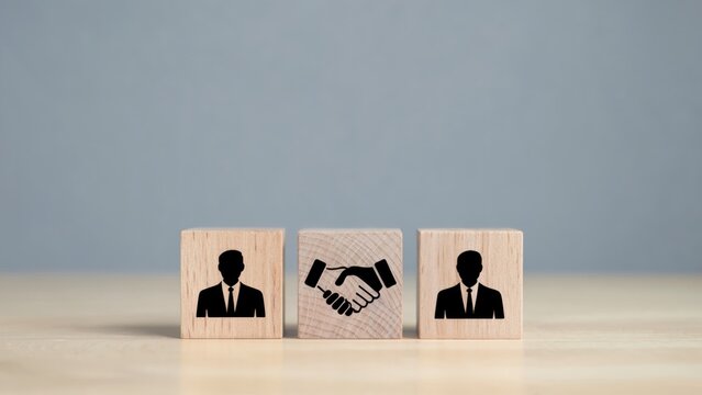 Successful business deal concept with handshake and business figures on wooden blocks.