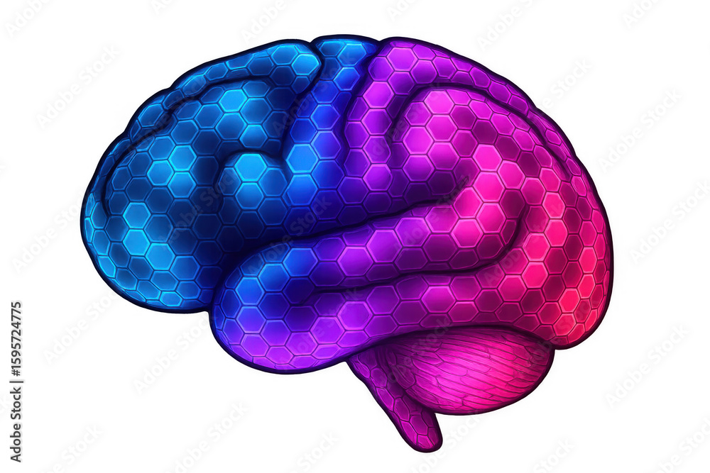 Poster neural network visualization showing interconnected hexagonal pattern mapping brain complexity again