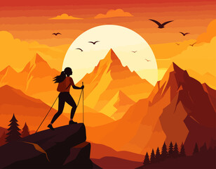 Silhouette of a hiker ascending a mountain range with a vibrant sunset in the background.