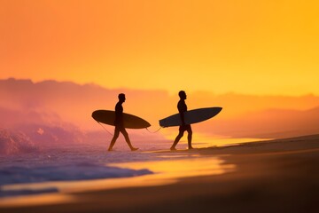 Two surfers silhouetted on a beach carrying surfboards at sunset