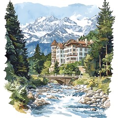 Charming European Inn Nestled Among Majestic Snowy Mountains.