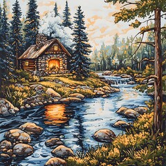 Cozy stone cabin nestled by a forest stream with a warm fire.