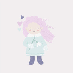 Illustration of a girl smiling and holding snowdrop. Cute character, child with a white flower, and hearts in soft pastel colors.