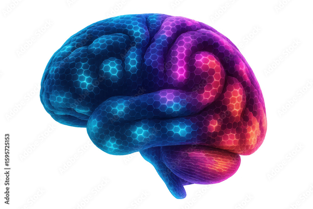 Poster colorful 3d rendering of a human brain with a futuristic hexagonal pattern, symbolizing neural netwo