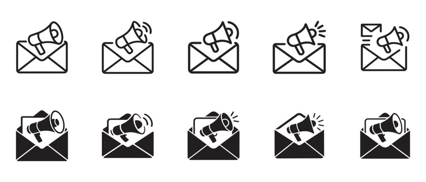 Email marketing icon set in vector style with megaphone outline and silhouette for digital campaigns and communication