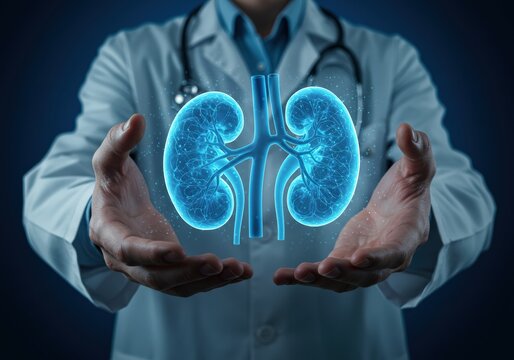 A doctor's hands hold a glowing, detailed digital illustration of the human kidney, signifying health.