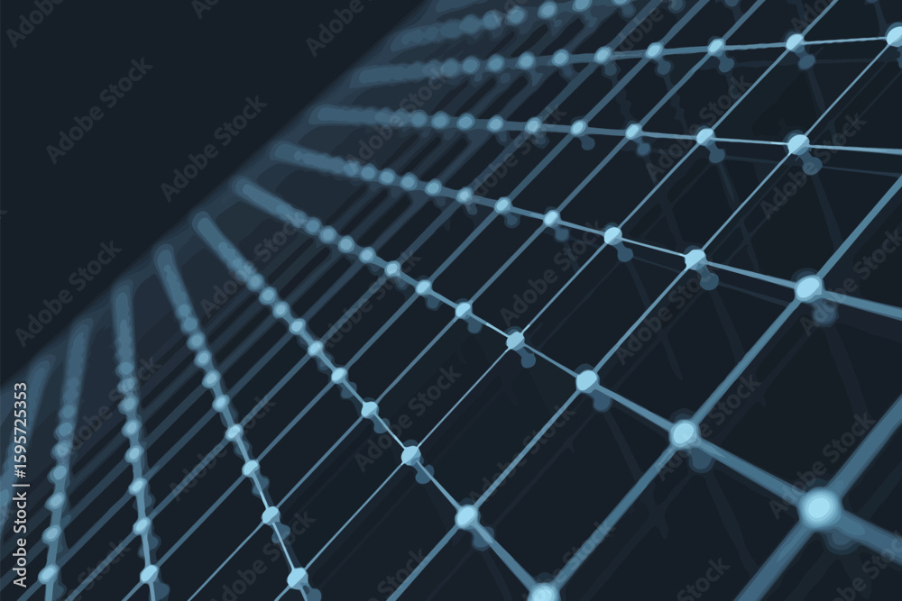 Poster a network of connected dots and lines forming a grid pattern against a dark background in a digital 