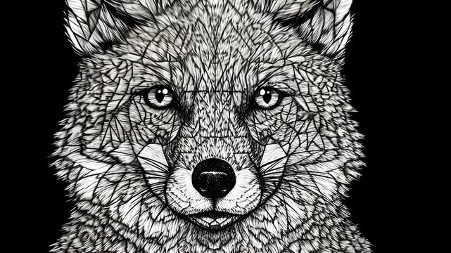 Detailed black and white graphic of a fox's head