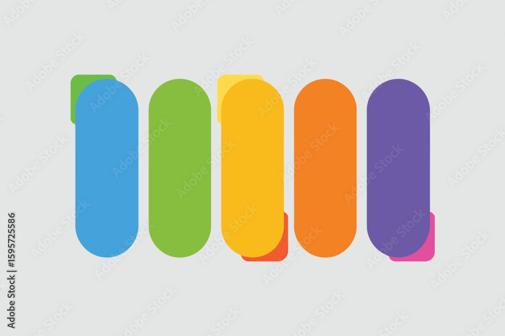 Poster a simple illustration of five colorful rounded rectangles on a light gray background with overlappin