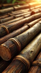 Rustic Bamboo Surface Bathed in Warm Sunlight, Creating a Natural and Textured Background