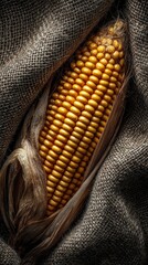 Rustic Harvest Still Life, A Golden Ear of Ripe Corn on a Textured Burlap Background