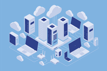 Obraz premium Isometric illustration depicting cloud computing servers and connected devices network system