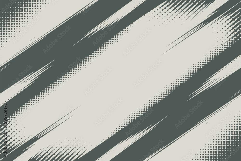 Poster Diagonal gray brush strokes with halftone dots on a light background creating a dynamic abstract pattern