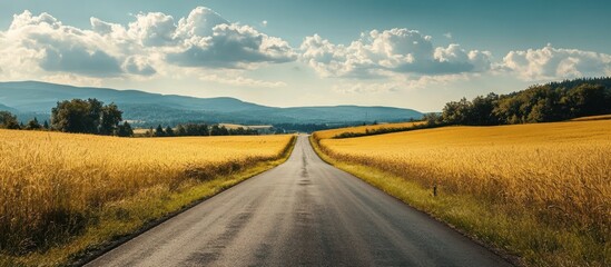 Empty asphalt road through golden fields, with hills and clouds