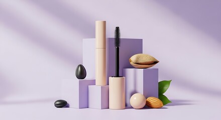 Elegant mascara presentation on geometric shapes with natural elements in studio