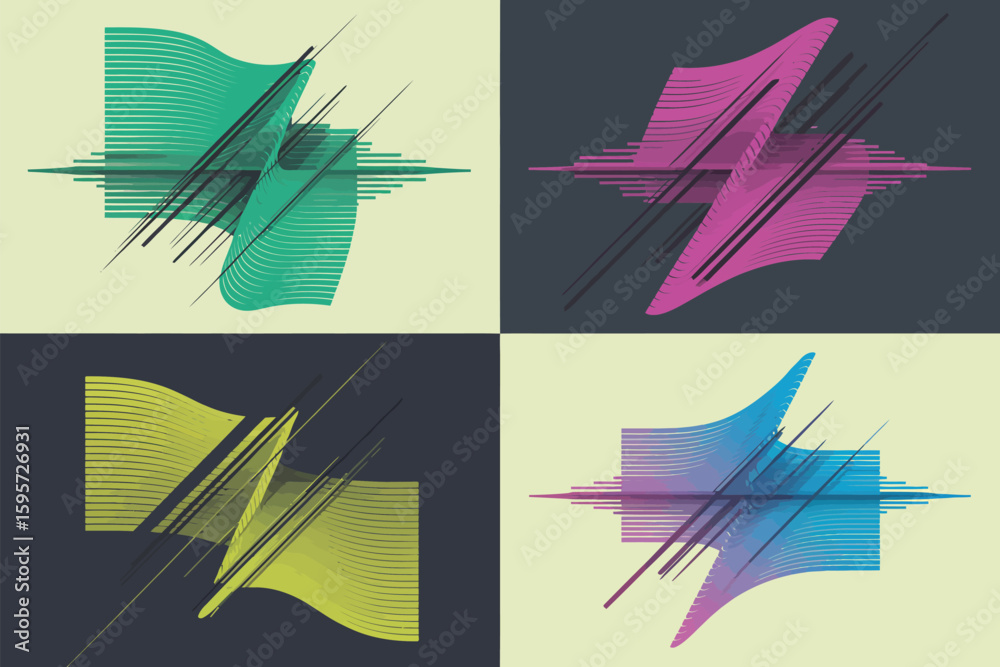 Poster four abstract designs with horizontal lines and diagonal strokes in different color schemes