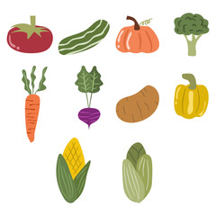 Flat vector illustration of various fresh vegetables in vibrant colors. Ideal for healthy food, farming, and kitchen-themed design projects.