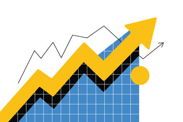Obraz premium Illustration of a yellow arrow pointing upwards over a blue grid with a black line and yellow circle