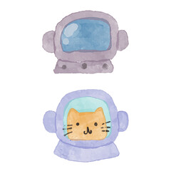 Illustrated watercolor astronauts suit and a cat wearing astronauts suit. perfect for nursery