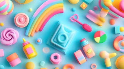 Colorful 3D toys and sweets on pastel blue background