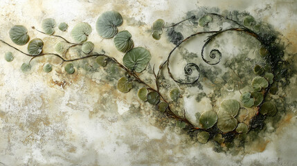 A grunge background with an elegant, swirling green vine illustration. This artistic design is perfect for vintage, nature, or fantasy concepts