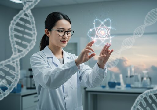 A scientist in a lab coat studies an atom model with digital DNA strands, showcasing research.