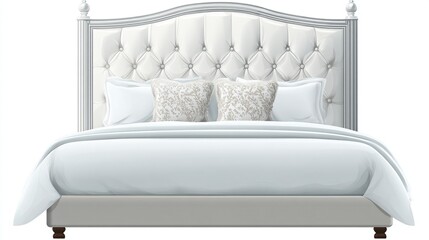 Elegant white bed with tufted headboard, decorative pillows, and matching bedding