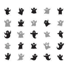 Cute Halloween Ghost Icon Set – Cartoon Spooky Ghost Collection Vector