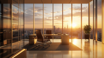 A luxurious, modern high-rise office with a stunning sunset view over the city. This image is perfect for business success and corporate concepts