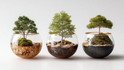 Three glass globes, each holding a miniature landscape with a small tree.  The globes have a gold-rimmed edge.  Different soils and plants are showcased in each globe
