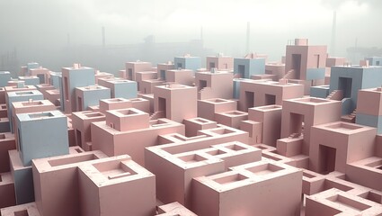 Aerial view of a dense cityscape with pink and blue buildings under a foggy sky with distant structures