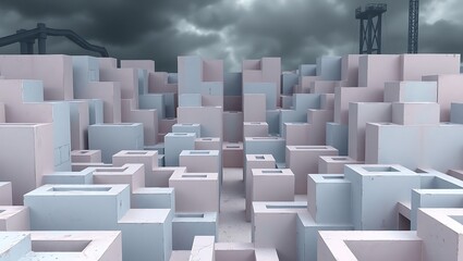 A stylized cityscape with pink and blue buildings under a cloudy sky with distant structures