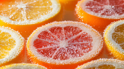 A close-up macro shot of vibrant, crystallized citrus fruit slices. This fresh, juicy image is perfect for food, health, or summer concepts