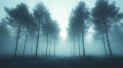 Obraz premium A mysterious, foggy forest with tall tree silhouettes on a moody, blue morning. This atmospheric landscape is perfect for mysterious or calm concepts