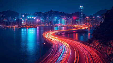 Obraz premium A vibrant cityscape at night with long exposure light trails from traffic. This image is perfect for concepts of urban life, speed, and energy