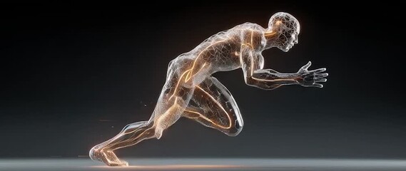 Anamorphic video animation of a moving human body showing the circulatory system in 3D