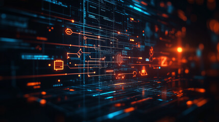 A futuristic grid of glowing digital data nodes and connections. This abstract image is perfect for concepts of technology, AI, and big data