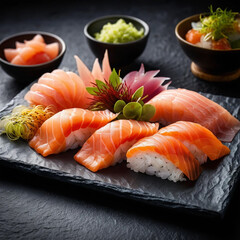 Fresh salmon sushi and sashimi beautifully arranged on a black slate board with traditional accompaniments and garnishes.