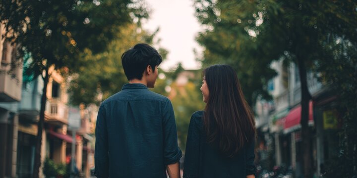 Young couple strolling hand in hand down a tree-lined street, sharing a moment of quiet connection. - Powered by Adobe