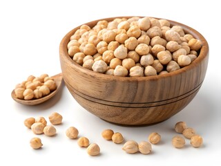 Wooden bowl filled with dried chickpeas and a wooden spoon