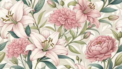 Vector Illustration Seamless Pattern Lily and Peony Designed for printing on textile or wallpaper or curtain or tile.