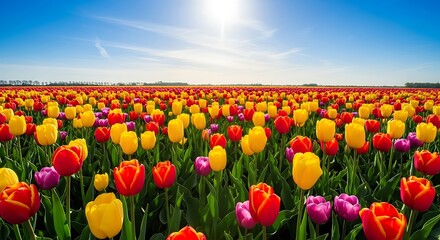 Vibrant tulip field basking in bright sunlight, showcasing a colorful array of blooms under a clear blue sky.