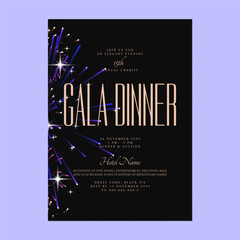Charity gala dinner invitation features stylized colorful fireworks on the left on a dark gray background