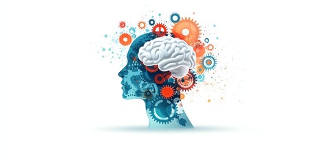 Flat illustration of a human head with white brain and colorful vintagestyle gears representing creative thinking and innovation